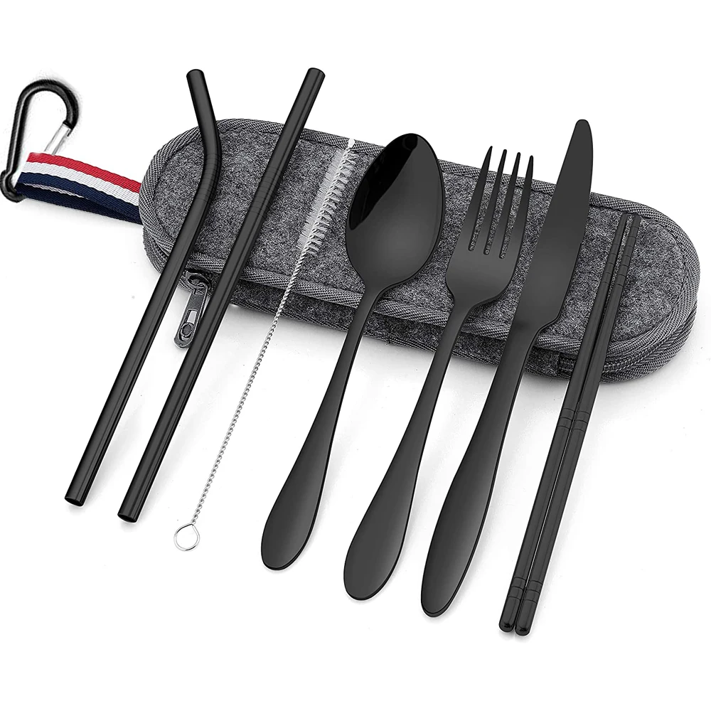 
USA IN STOCK eco-friendly silver black camping portable travel utensil silverware flatware set with waterproof case 