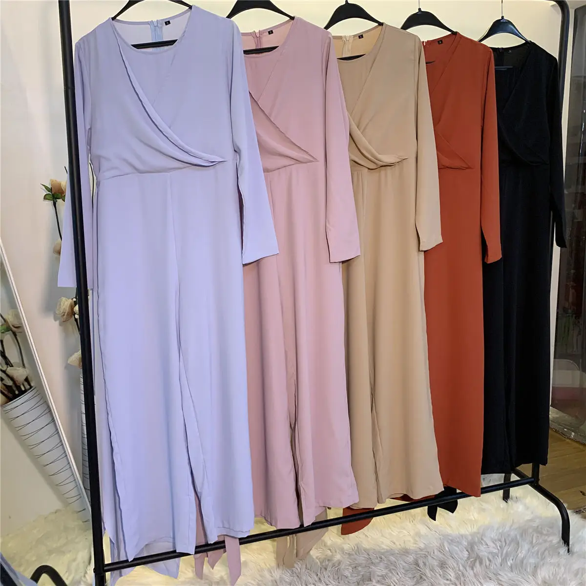 V-neck women Islamic patchwork clothes female solid color Muslim jumpsuits adults one-piece clothing sets