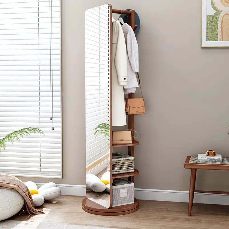 Solid wood floor-standing full-length dressing mirror  movable feature integrated with hanging rack for bedroom use