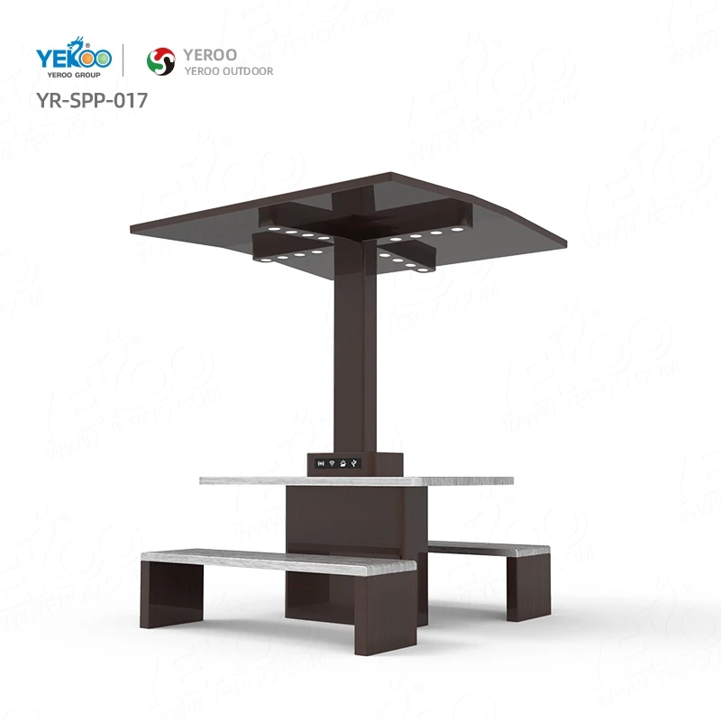 Outdoor Furniture Galvanized Steel Phone Charging Smart Table with Solar Panel Canopy