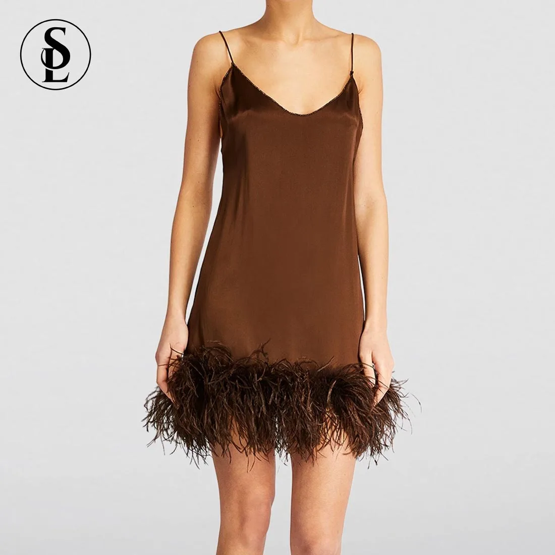 Feather Pajamas Luxury Designer Sexy Girl Lingerie Silk Satin Ostrich Feather Night Dresses for Woman