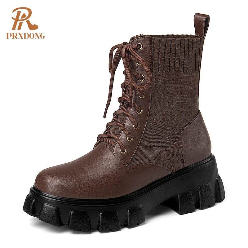 2021 Winter Sock Boots Lace Up Knitting Shoes Platform Women Ankle Boots Thick High Heels Cross-Tied Casual Concise Party Shoes