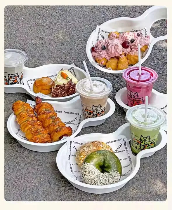 Biodegradable Disposable Paper Cup Holder Street Snacks Food Tray Beverage Walking hot pot Cup thickened tray