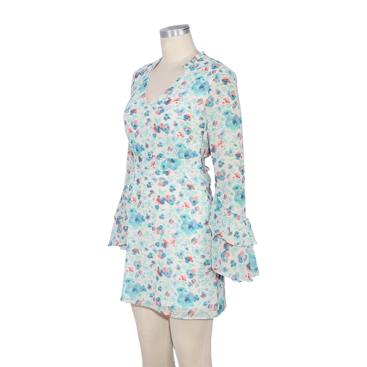 Женское платье с цветочным принтом, V-образным вырезом и длинным рукавом