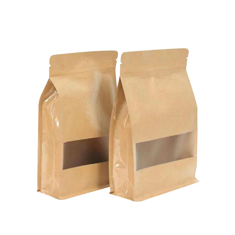 Good Price White Brown Thank You Logo Portable Kraft Paper Greaseproof Flat Bottom Bag with Clear Window and Zipper