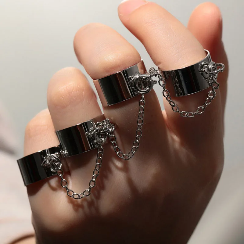 Punk Cool Hip Pop Butterfly Cross Rings Multi-layer Adjustable Chain Four Open Finger Alloy Women Rotation Rings