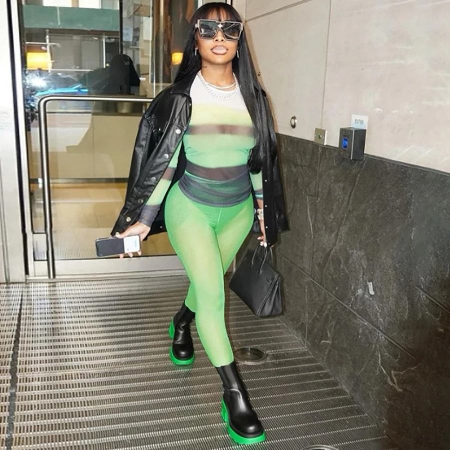 Nibber K21S07575 Autumn High Streetwear Y2K Print Stripe Long Sleeve Mesh Top Sheath Slim Body-Shaping Pants Women Two Piece Set