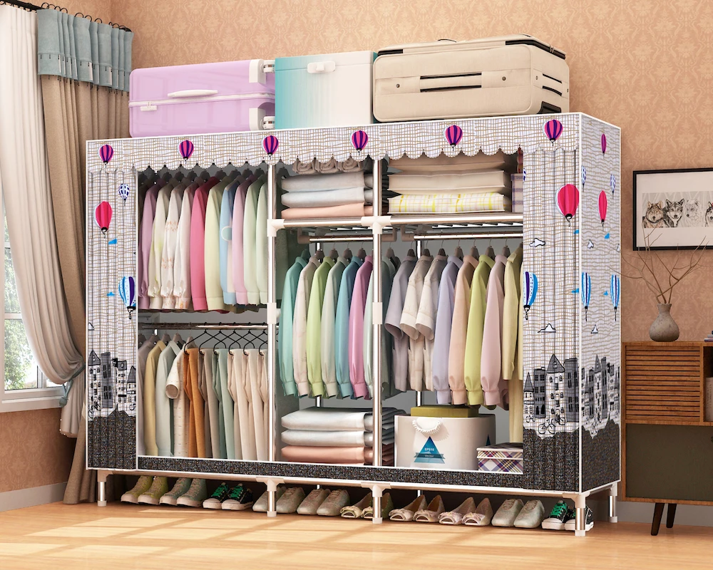 Folding Fabric Wardrobe Bedroom Furniture with PP Plastic Connectors 25mm Galvanized Tube 168cm Width Home Furniture Modern