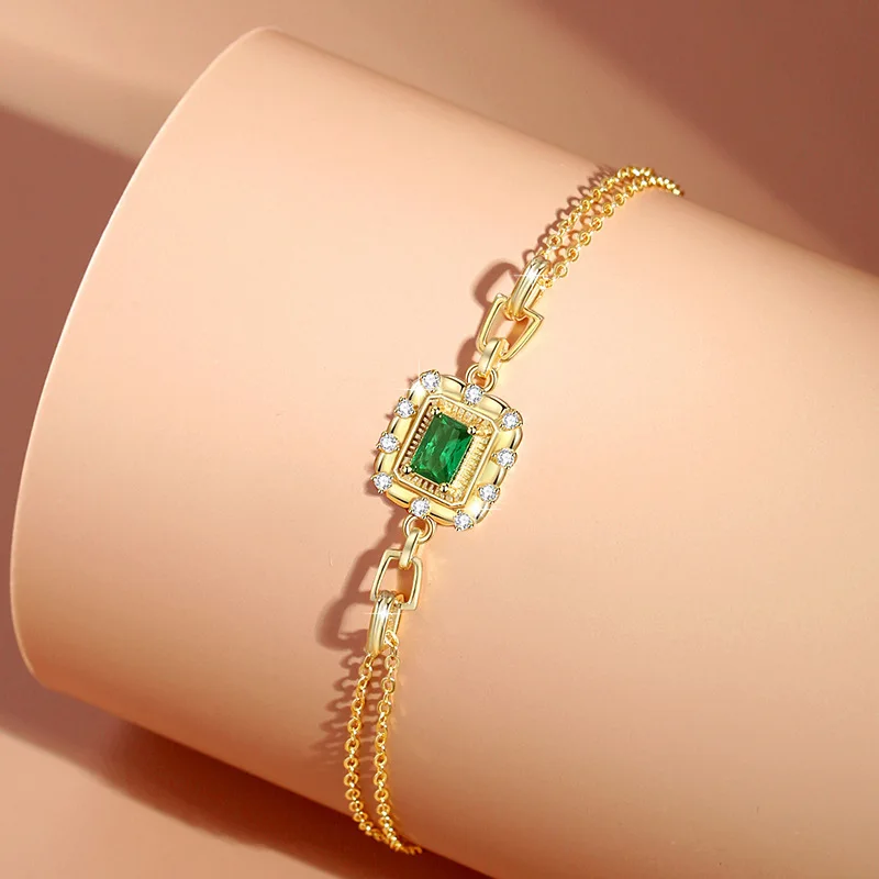 KISVI Sterling silver 925 bracelet emerald square gold-plated bracelet for women