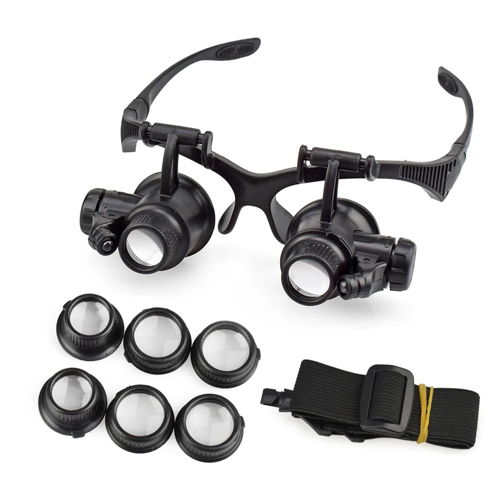 10X/15X/20X/25X Portable Head Wearing Double Eye Magnifying Glass 2 LED/8 Lens Jewelry Watchmaker Magnifiers Eyewear