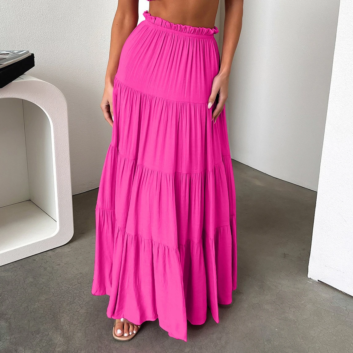 2024 Vintage Chic Hippie Women Ruffle High Elastic Waist Beach Bohemian Skirt Ladies Rayon Cotton Maxi A-Line Boho Skirt