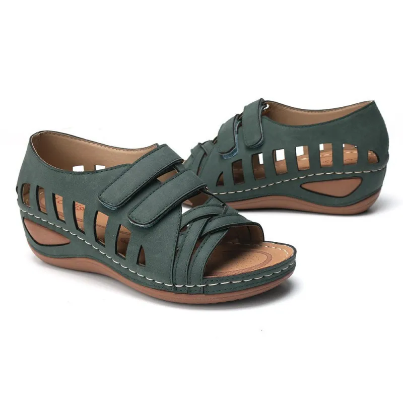 Plus Size Ladies Sandals Summer Casual Vintage Wedge Platform Sewn Leather Slip On Ladies Sandals