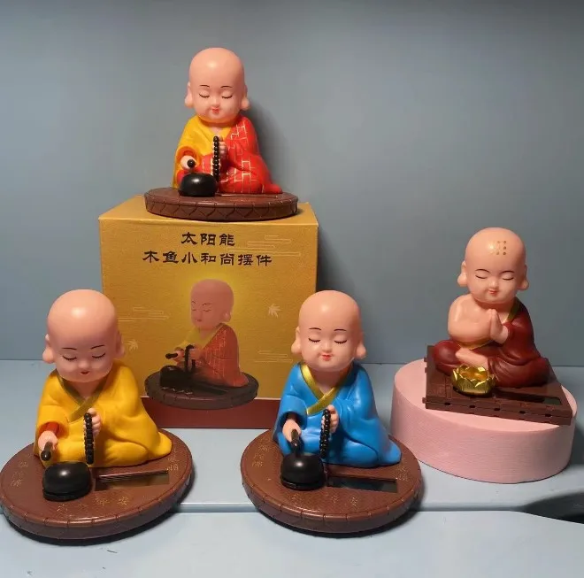 Cute Buddhist Monk Statue Solar Power Dancing Little Figurine Chinese Shaolin Sculpture for Car Garden Decor-Blue Solar Monk