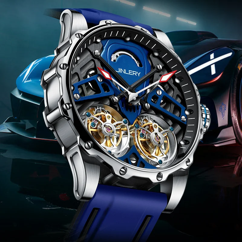 JINLERY New Double Tourbillon Watch for Men Mechanical Men Watch Wristwatch Luxury Watch Men Waterproof Clock Timepiece Big Dial