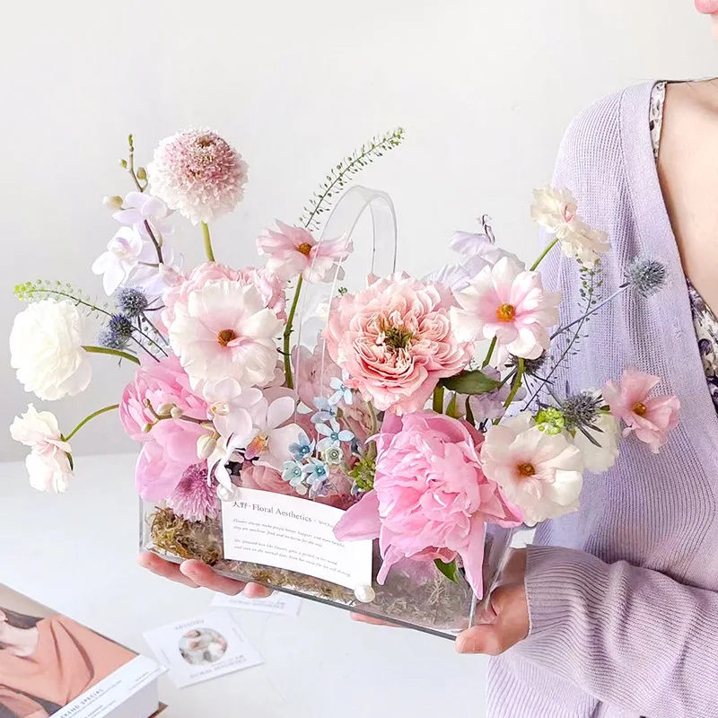 Wholesale Flower Arrangement Box High Transparent Handmade Portable Eternal Acrylic Flower Box for Gift Packaging