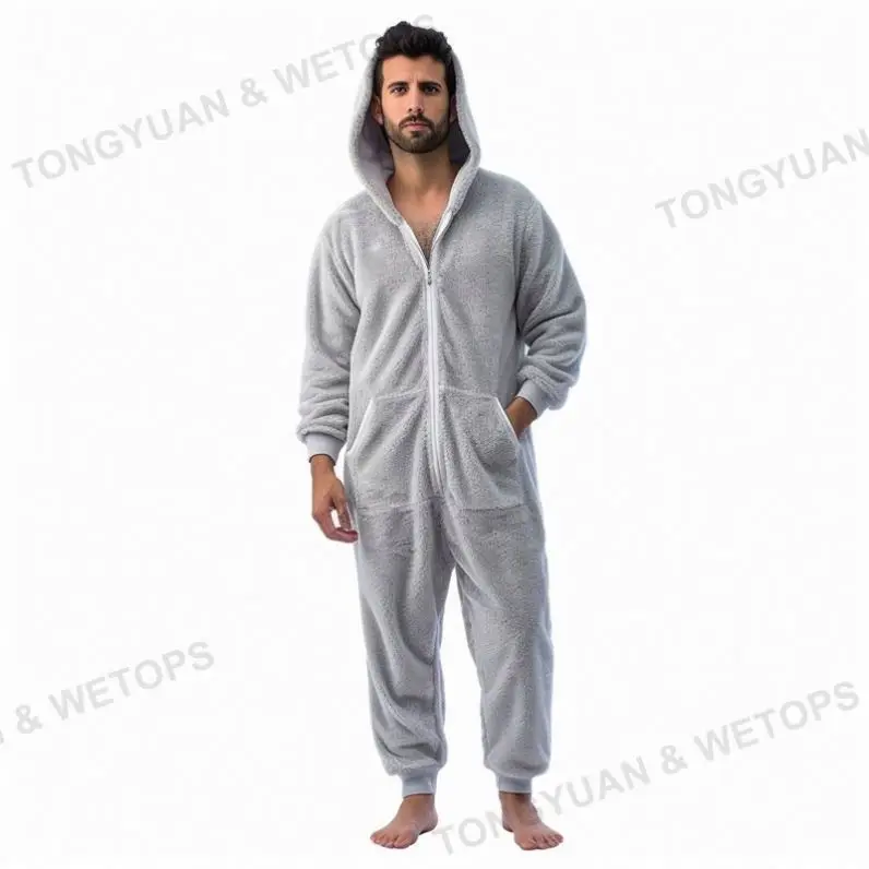 Custom  Winter Thick Fleece Jumpsuit Pajamas Mens One Piece Homewear Long Sleeve Hooded Sleepwear