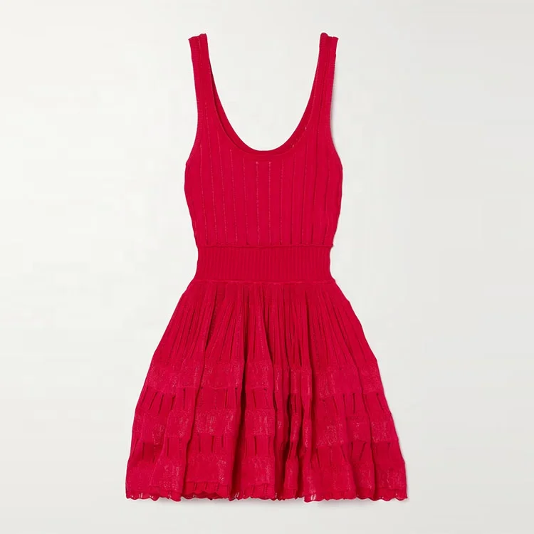 Knitwear Manufacturer Custom Spring Summer red crew Neck Sleeveless Elegant Casual Rib Knit Women Sweater Mini Dress