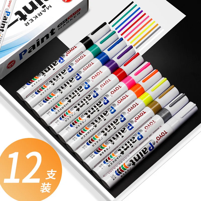 Toyo 12pk Oil-Based Waterproof Permanent Tire Paint Markers for Metal Surfaces Tire Black Paper Wood Plastic Rocks Fabric