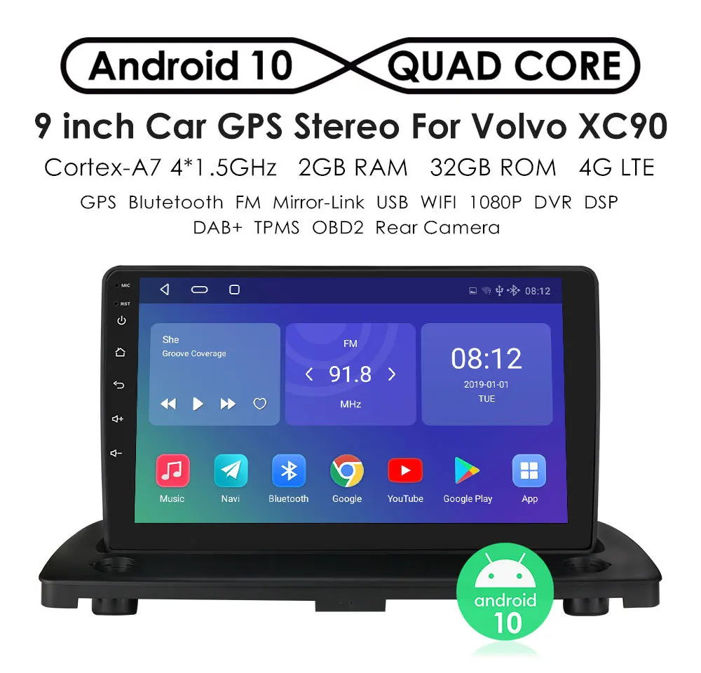 Android 10.0 Touch screen GPS Navi Car Stereo for Volvo XC90 2004-2014 Autoradio Audio WIFI BT Music USB 9 inch