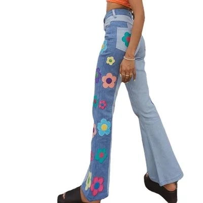 fashion casual y2k  punk decal floral graphic print patchwork high waist women flared trousers pants jeans