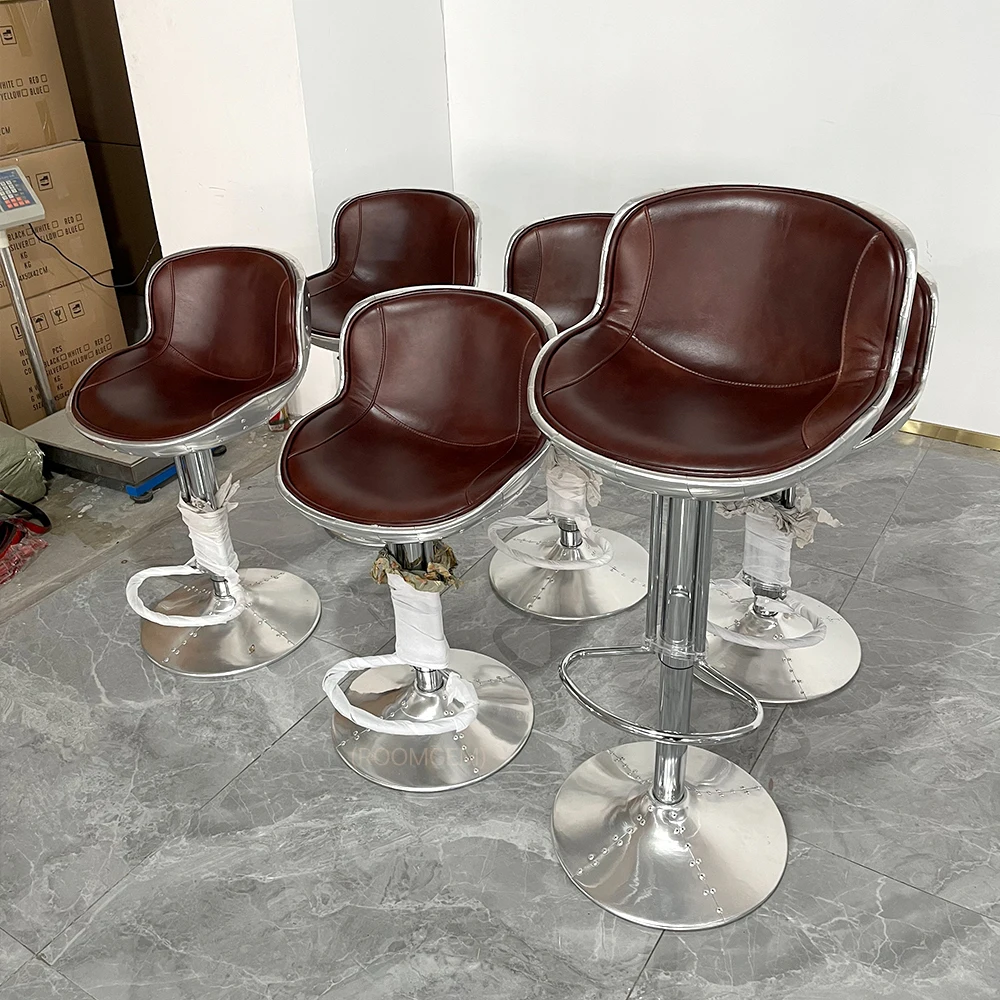 Genuine Leather Aviator Aluminum Barstools Back Leather Swivel Counter Height Chair Adjustable Vintage Bar Stools