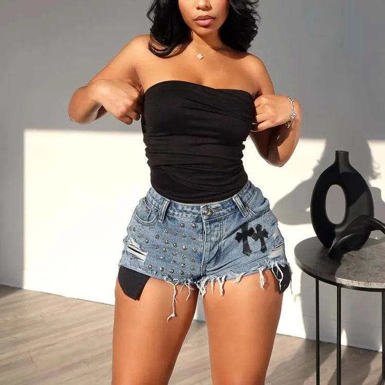 FS12836D women casual cargo denim shorts