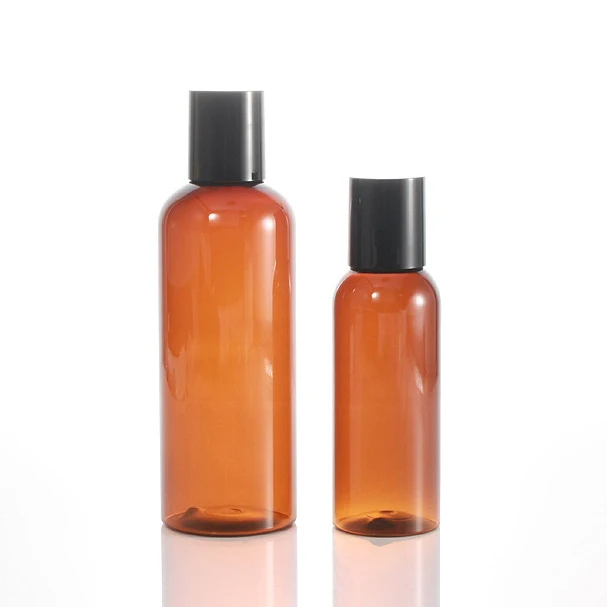 supplier RUIPACK 60ml/100ml amber plastic cosmo round shampoo bottle with black disc top cap