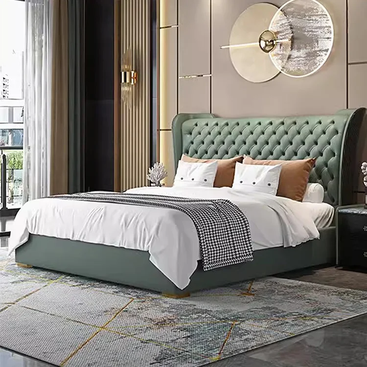 Modern leather 1.8 meters wholesale king size Luxury modern chesterfield bed new bedroom Solid Wood bed furniture