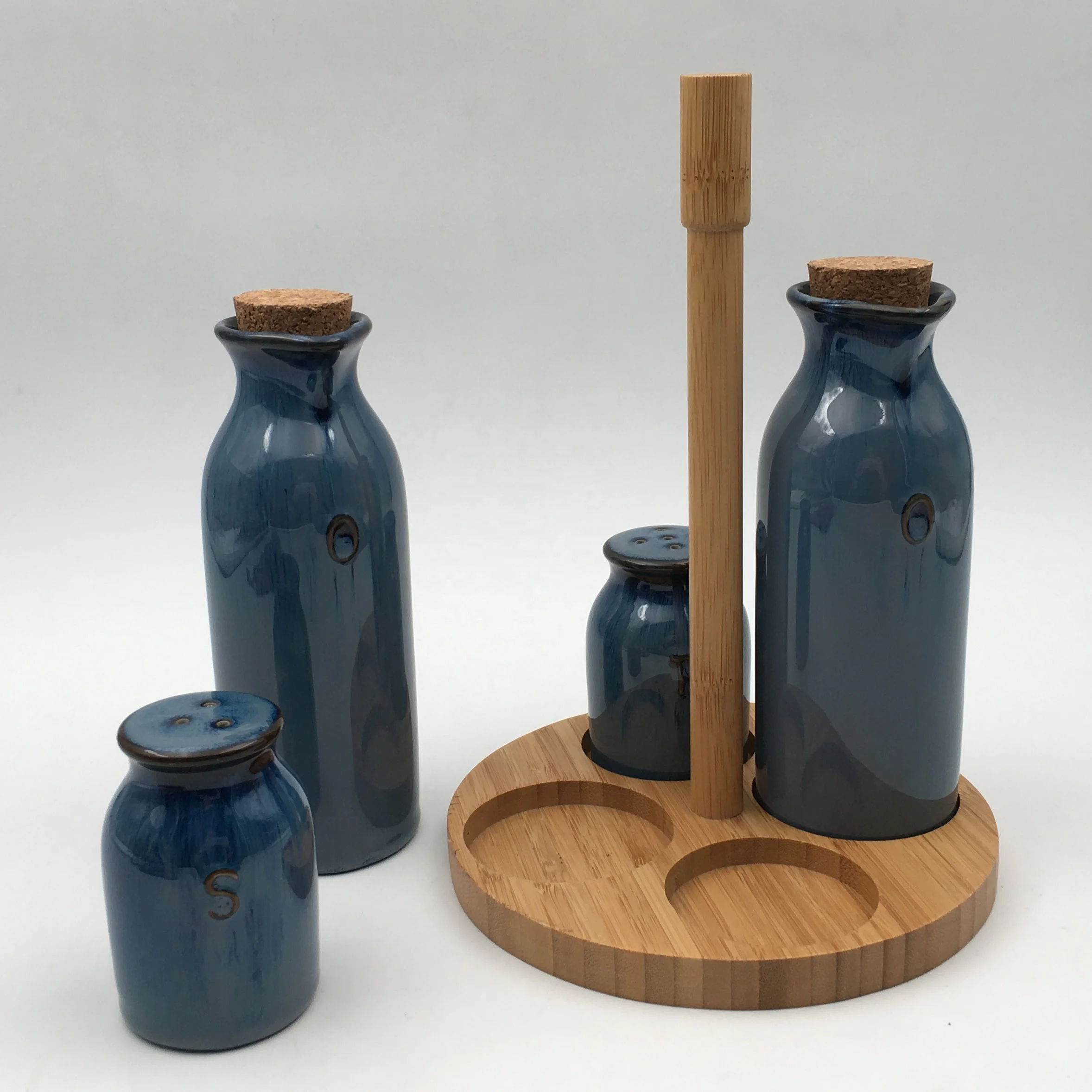 Good quality ceramic oil and vinegar set with bamboo tray