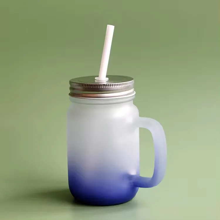 14OZ Gradient Colored Mason Jars for Sublimation Handle Lids with Straw Subcategory Mugs