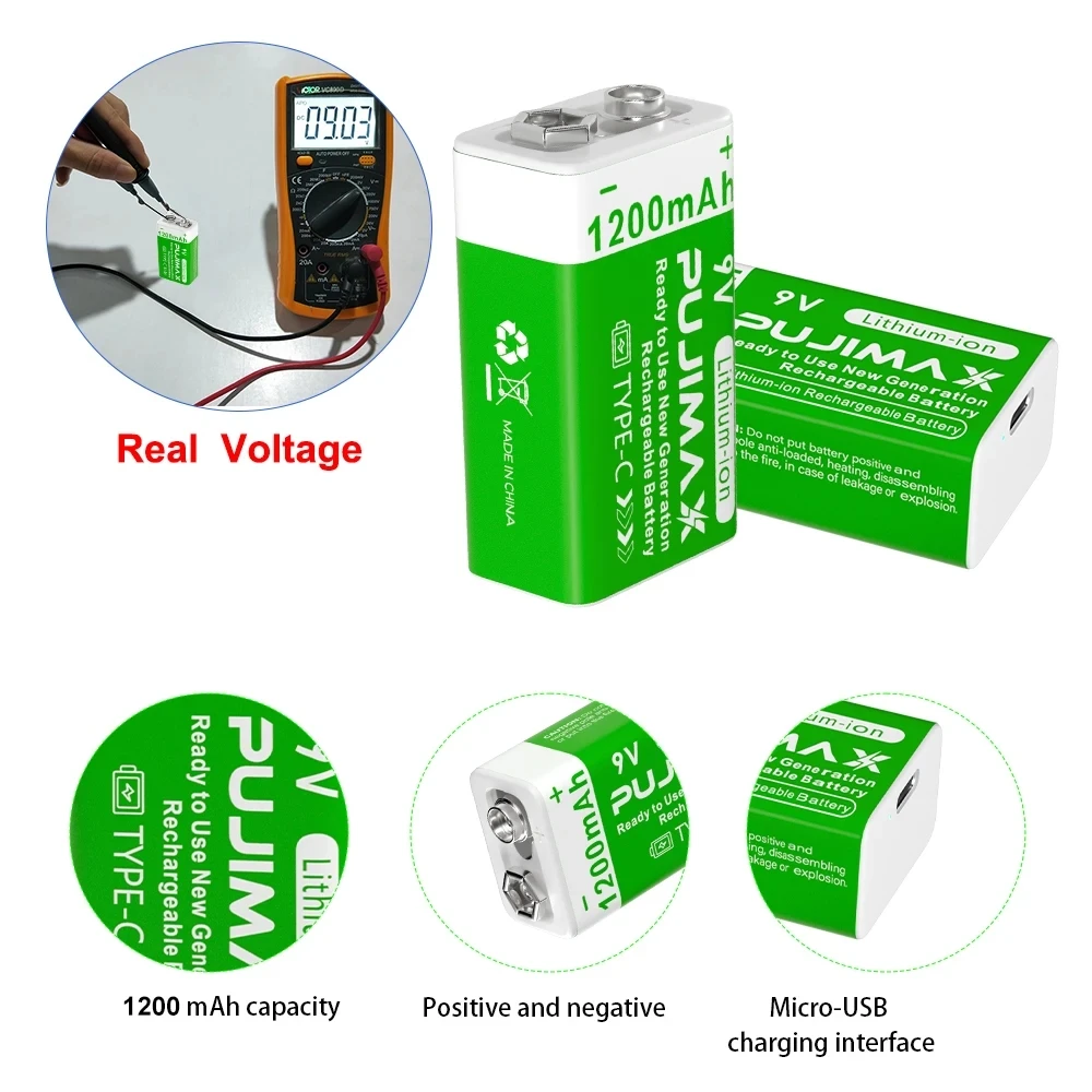 PUJIMAX New Style Type C Lithium ion Batteries 2PCS/Card 1200mAh 9V Li-ion Battery USB C 9V Rechargeable Battery For Multimeter
