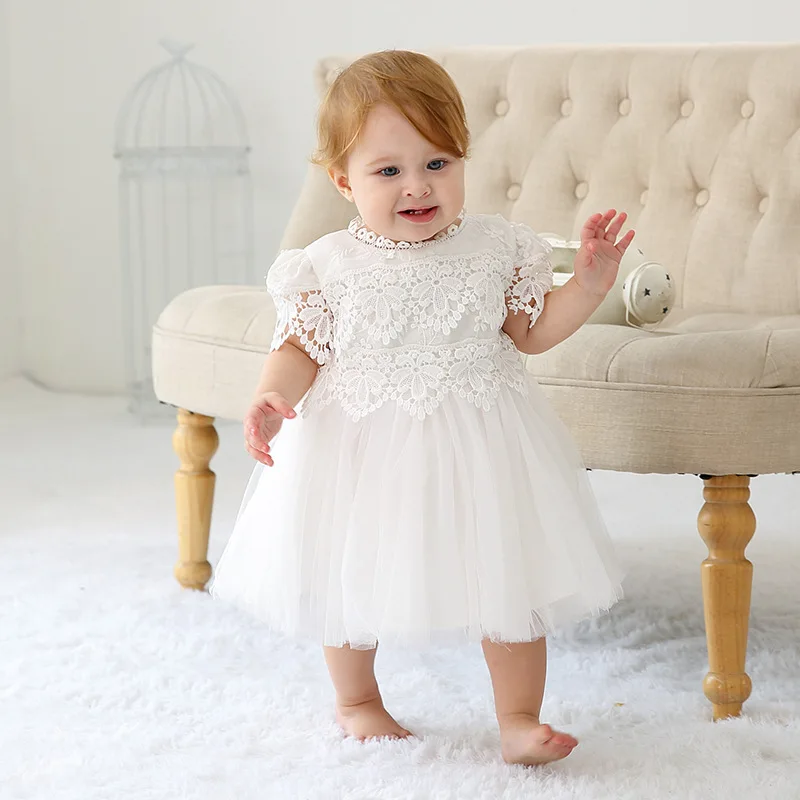 High Quality Short Sleeve Lace Baptism Christeing Baby Long White Dress