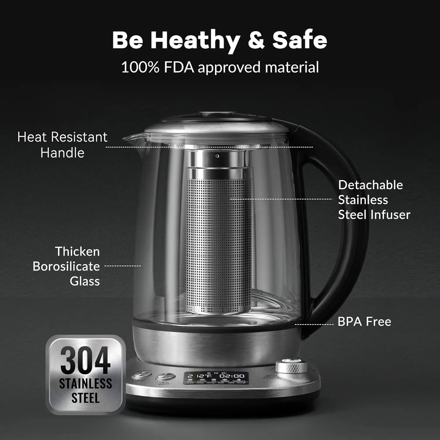 2 Hours keep Warm, 1.7 Liter Electric Kettles, 1200W, Glass and Stainless Steel electric kettle 1.7l