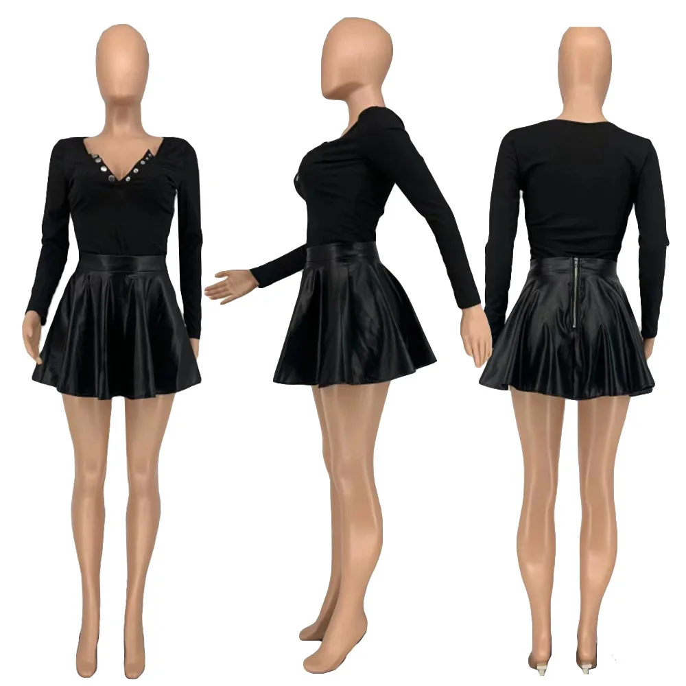 JL412 2022 Womens Skort Skirt Set Tank Crop Top Tennis PU Leather Pleated Skater Skirt Womens Golf Outfits 2 Piece Set