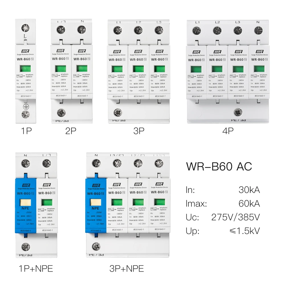 Din rail mounted 60KA Lightning arrester SPD Ac 4P TN TT System Best Surge Protector for AC Unit