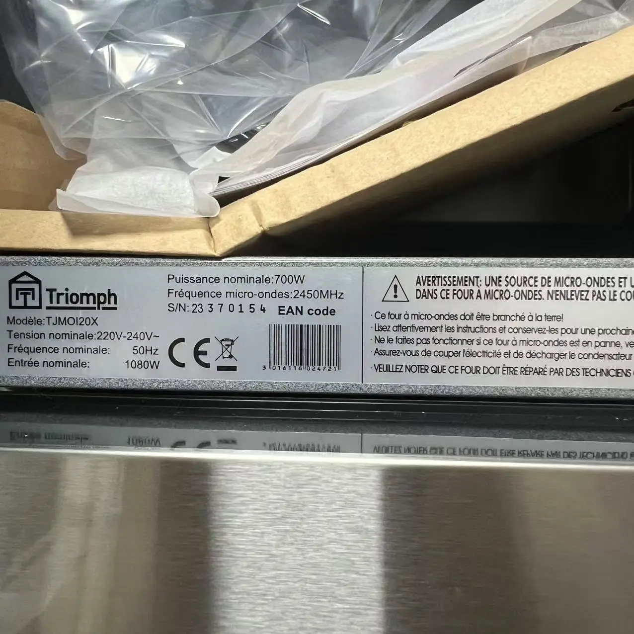 Kitchen Appliances Built in Microwave 20L EU Standard Microondes Stainless Steel Silver and Black Color 220v 50hz 1080w TJMOI20X