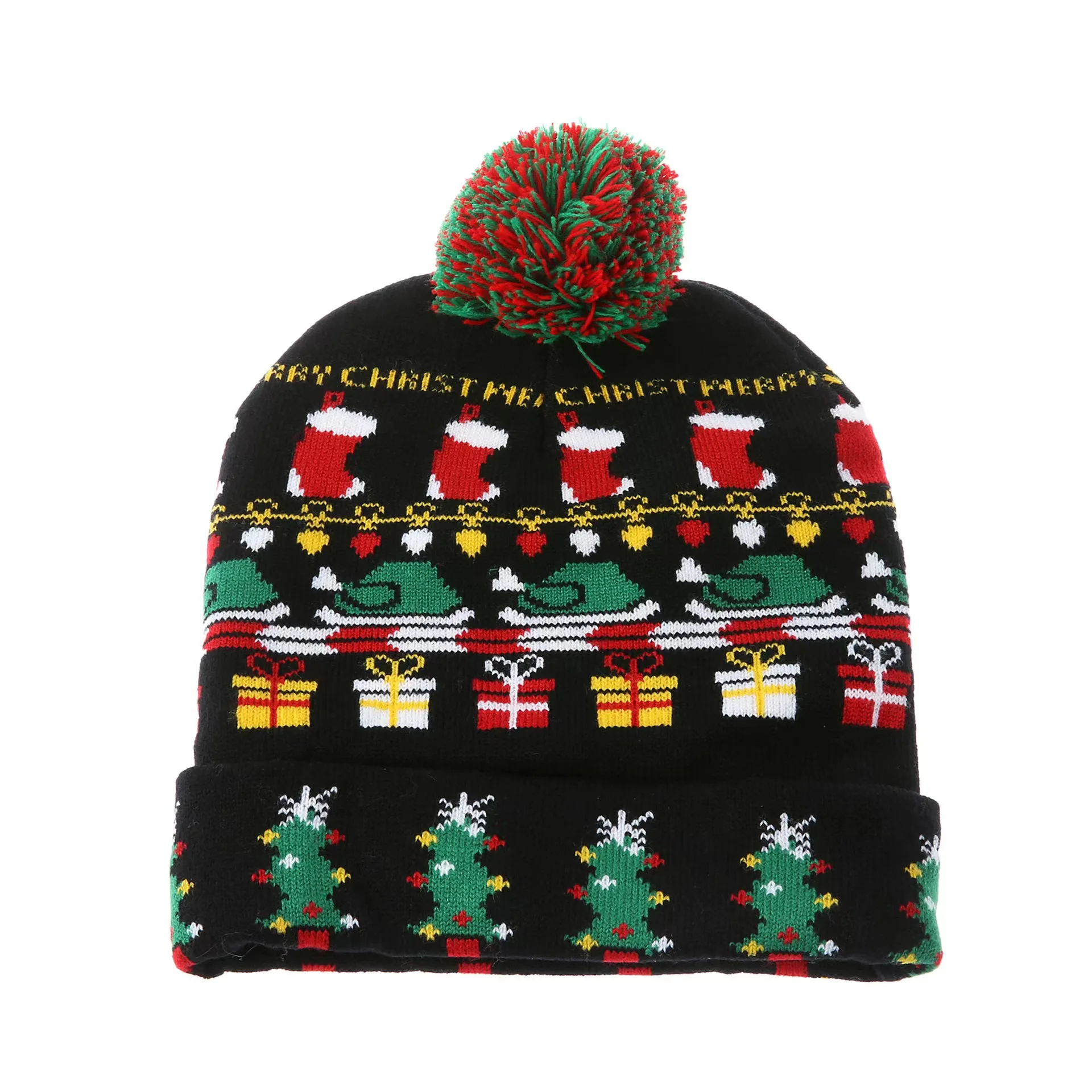 High Quality Winter Custom Christmas Caps Animal With Led Jacquard Beanie Kids Pom Pom Knitted Christmas Beanie Hat