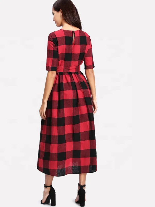 2022 Fashion Half Sleeve Black and Red Gingham Long Maxi Dress for Women