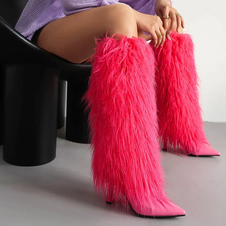2024 hot selling Winter black plush Stiletto boot leather Pointed Toe Ladies thin High Heels tassel women furry knee high boots