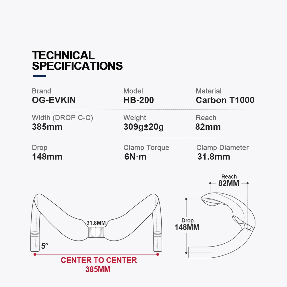 OG-EVKIN HB-200 Carbon Handlebar Fixed Gear Bar Track Handle Matte UD 31.8MM 385MM Drop Bar Races Training Handle Bicycle Part