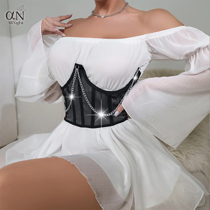 Custom Logo Metal Chain Black Open Chest Transparent Hollow Out Lace Stripper Outfits Underwire Bra Dancewear Exotic Corset Tops