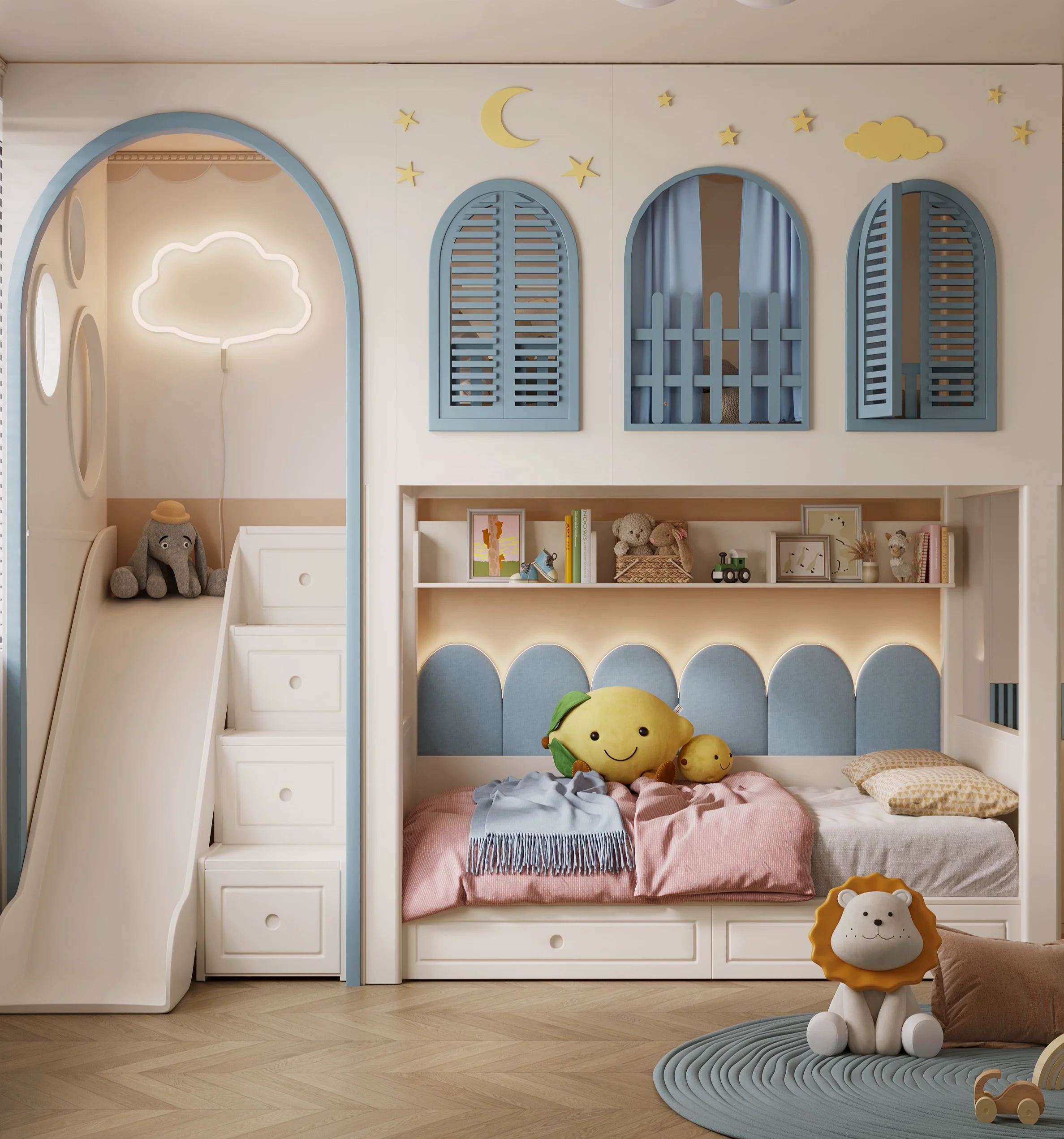 Children bedroom wood double bunk beds kids solid wood loft furniture with stairs and slide for sale