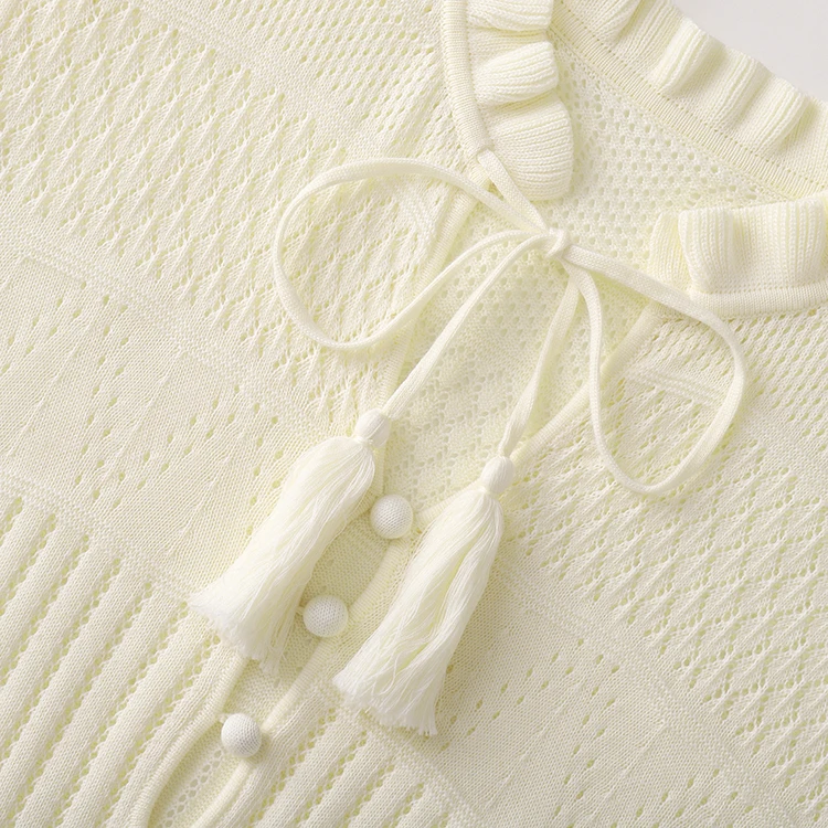 Knitwear manufacturers custom summer v neck beige mesh lace hollow out lace sweet  elegant casual   women knit sweater dress