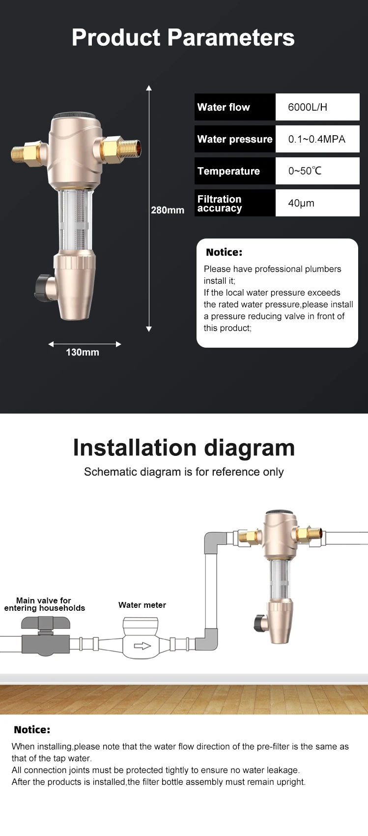 40 Micron Stainless Steel 304 Water Filter Big Flow Rate Pre Wasserfilter Pipe with Scraper
