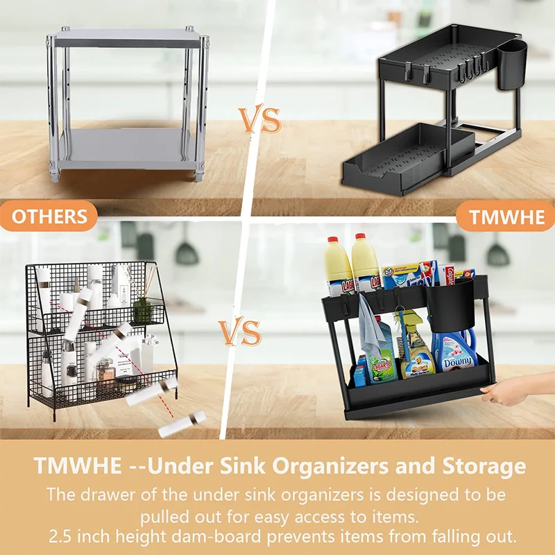 WIREKING Under Sink Organizers and Storage 2-Tier Sliding Cabinet Basket Organizer with Hooks Under Sink Organizer