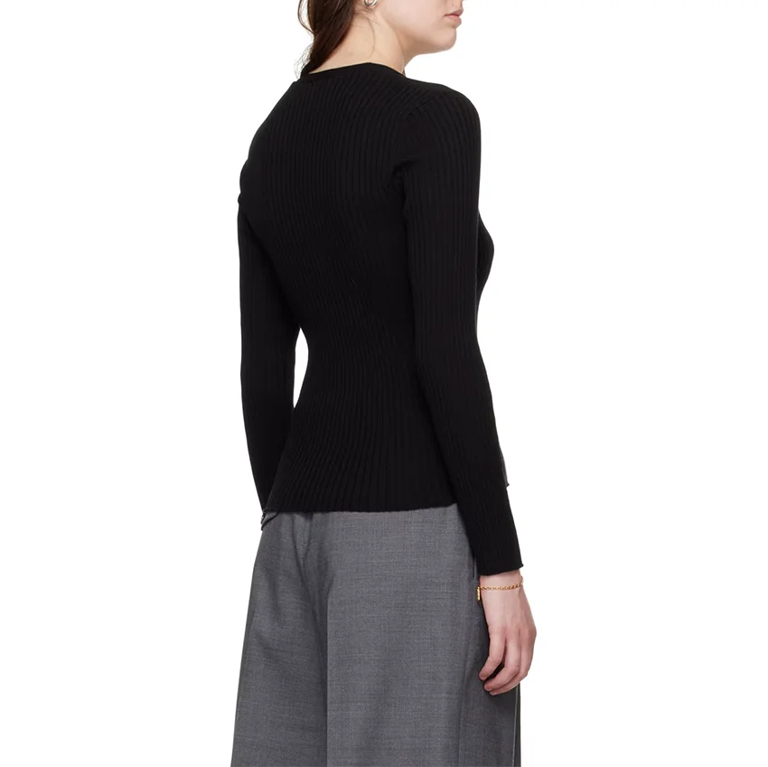 Knitwear Manufacturer Custom Spring Autumn black V Neck Long Sleeve Ribbed Knit Women Pullover Sweater