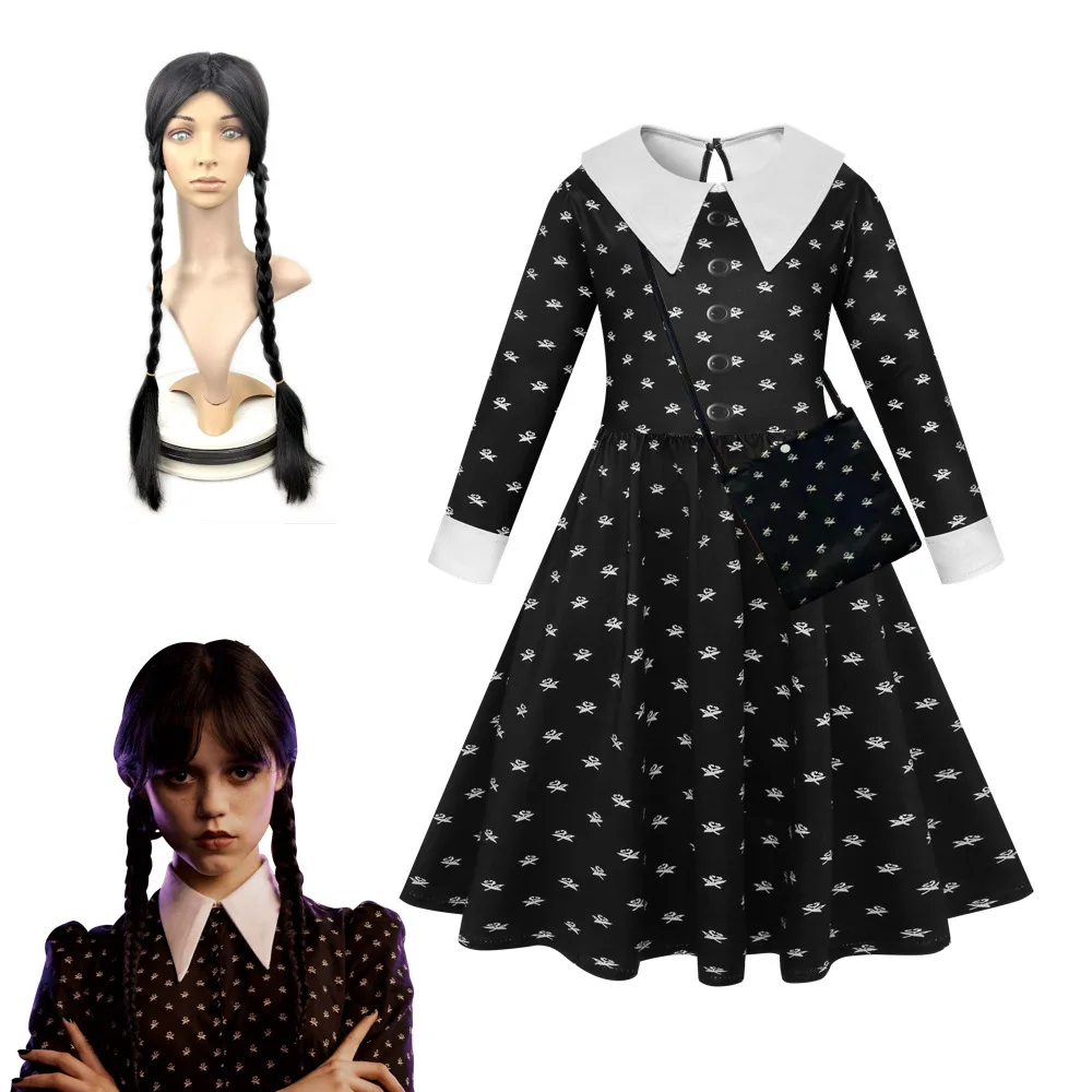 Halloween Easter Carnival Party Black Children Fancy Dress Long Sleeve Wednesday Addams Cosplay Costume for Girls with Wig