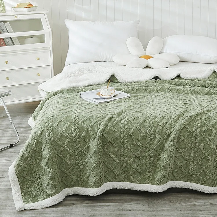 High Quality Tuff Wool Solid Color Knitted Double Layer Throw Flannel Sherpa Polyester Blanket