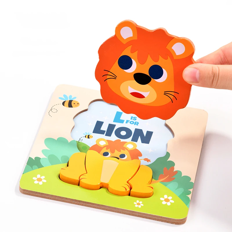 2023 Wooden Children 3D Early Education Puzzle Montessori Classic Cartoon Animal Fruit Learning Puzzles Toys for Kids Boys&Girls