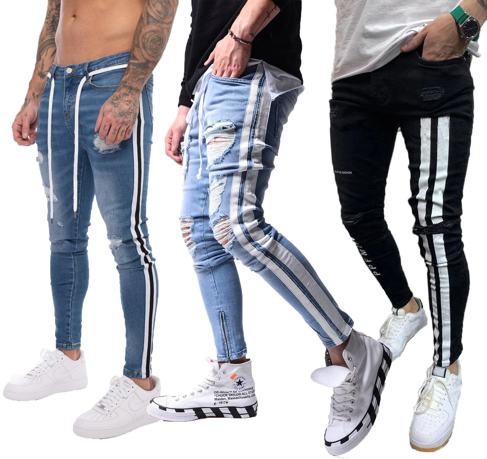 High quality men slim ripped pants striped trouser ripped trendy outdoor pencil denim jeans